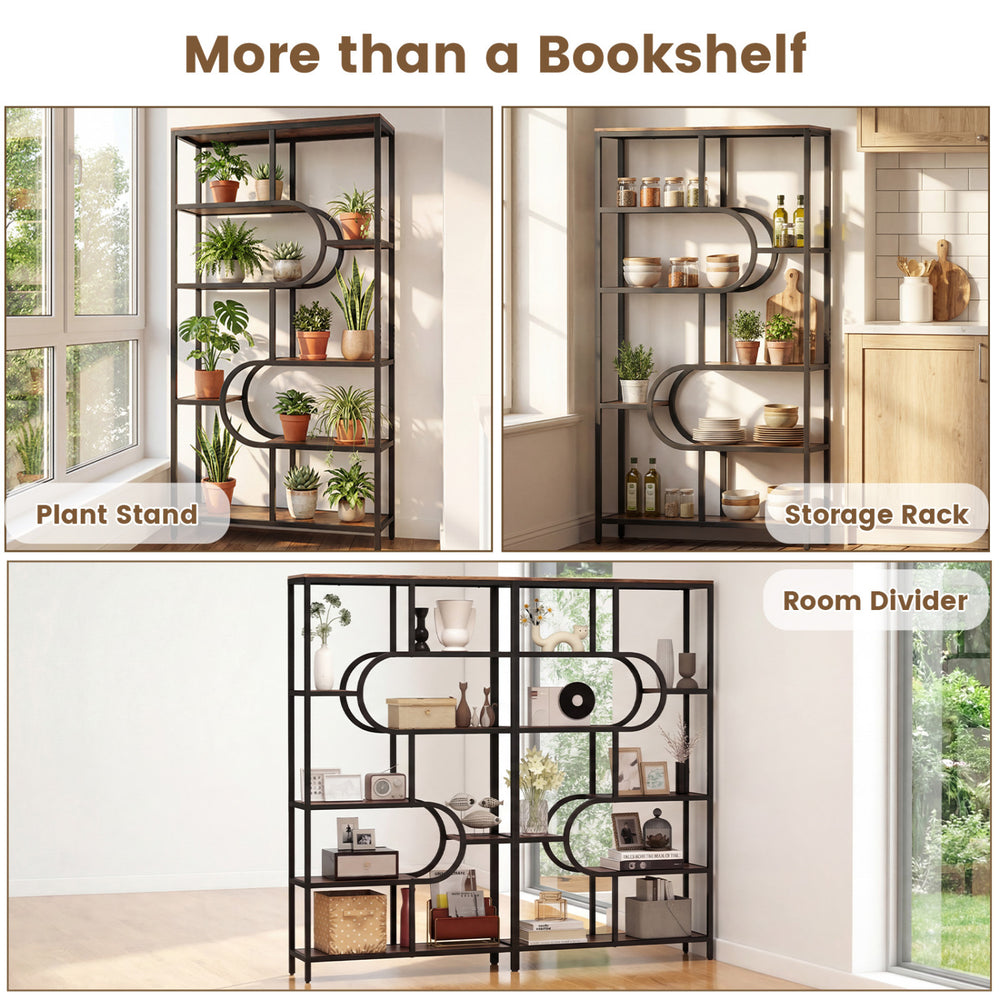 5-tier tall etagere bookshelf in rustic brown with open storage shelves, ideal as a plant stand or room divider.