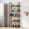 5-tier tall wooden bookshelf in oak finish, featuring open shelves and back panels for kitchen or living room storage.
