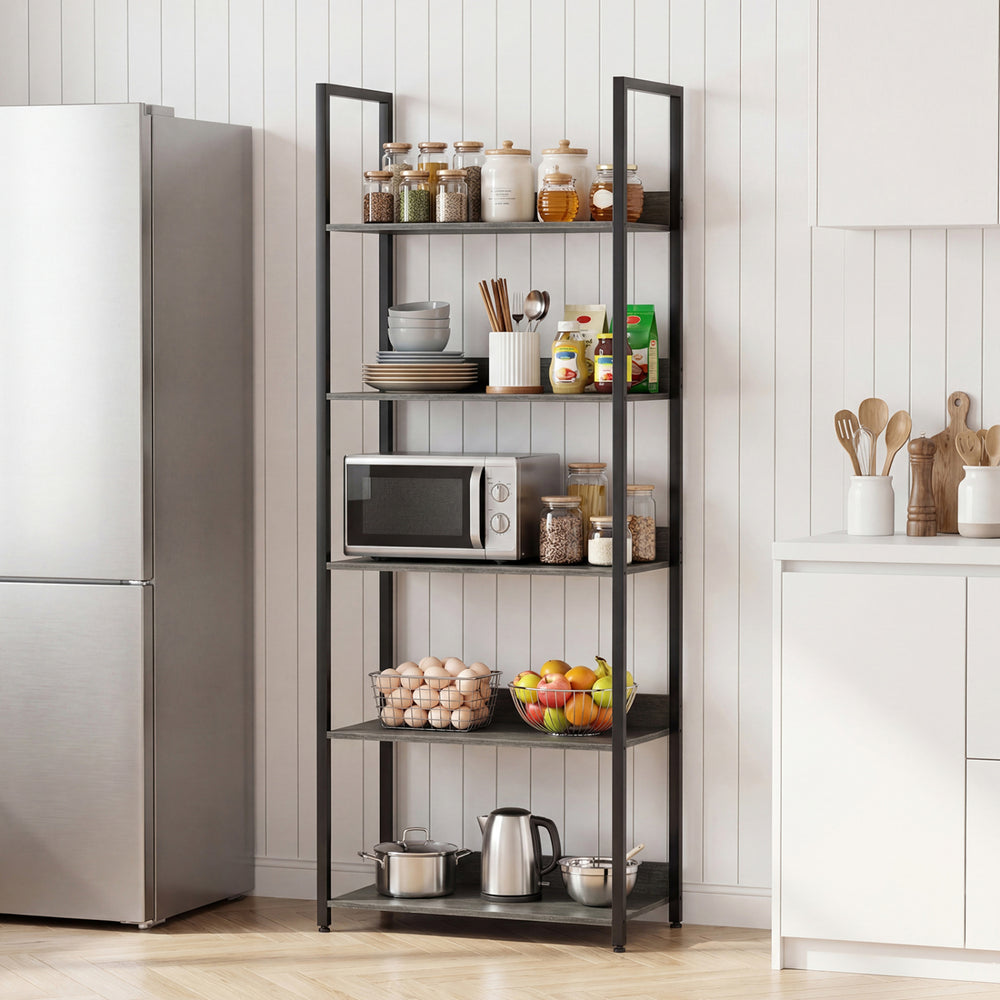 5-tier tall wooden bookshelf in oak finish, featuring open shelves and back panels for kitchen or living room storage.