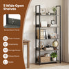 Tall 5-tier wooden bookshelf with raised back panels, ideal for displaying books, plants, and decorative items.