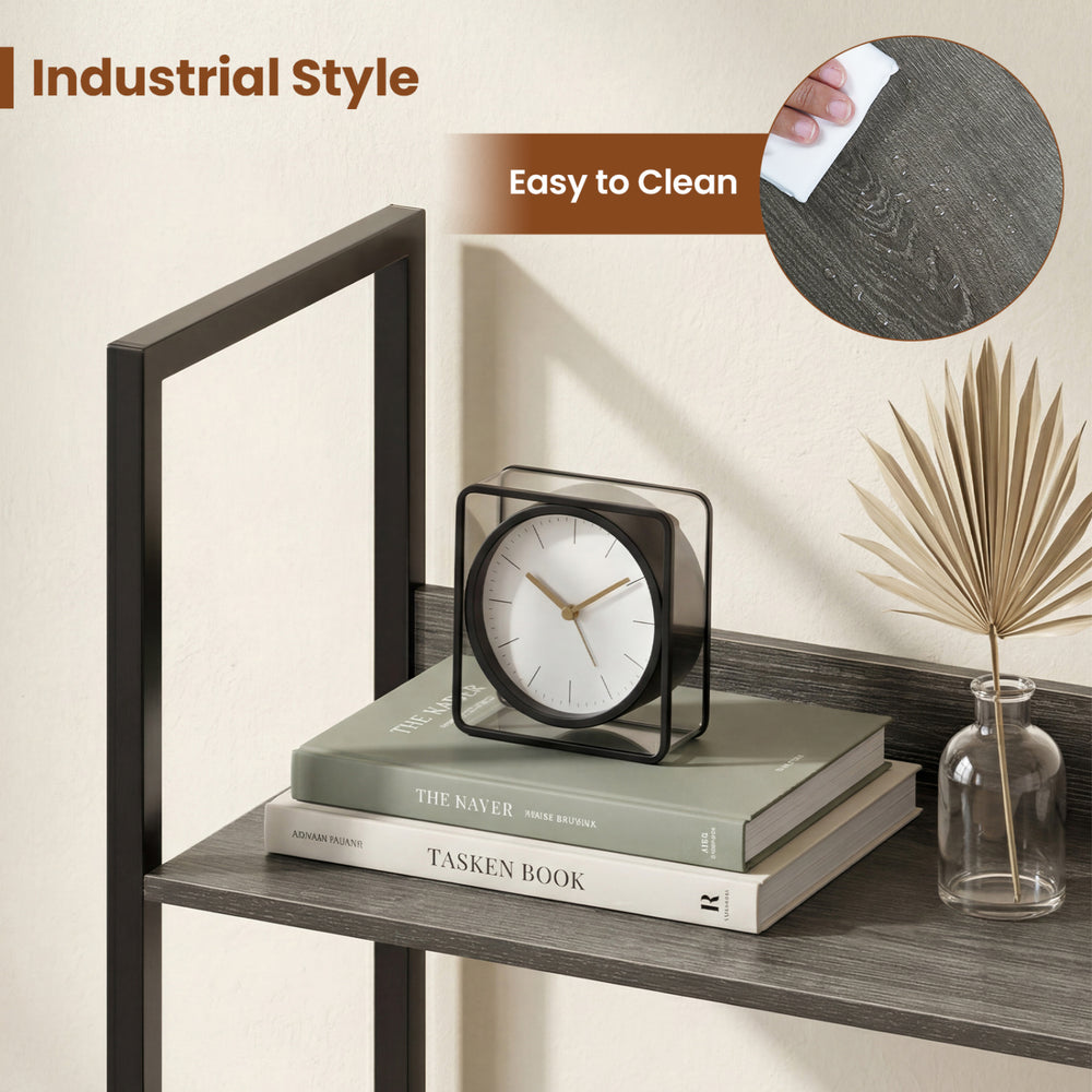 5-tier oak bookshelf with back panels, featuring an industrial style and easy-to-clean surface, perfect for home.