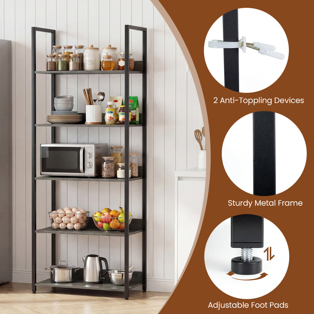 5-tier wooden bookshelf in oak finish featuring a sturdy metal frame and adjustable foot pads for stability.