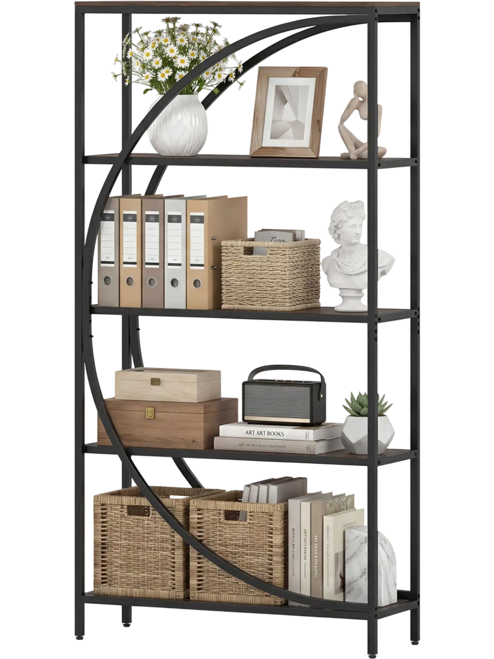 5-tier bookshelf with half-moon design in rustic brown, featuring open shelves for organized storage in living room or.