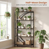 5-tier bookshelf with half-moon design in rustic brown, elegantly displaying plants and decor in a cozy living space.