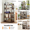 5-tier industrial bookshelf in rustic brown with 4 hooks, ideal for versatile storage in living room or kitchen.