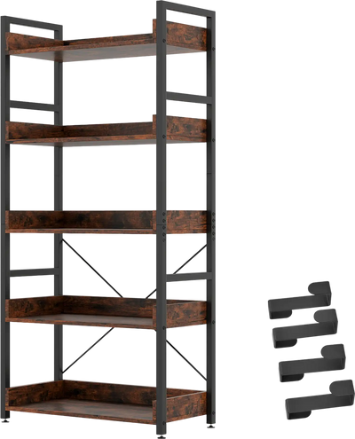 Costway 5-Tier Industrial Bookshelf Bookcase w/ 4 Hooks 164982735 New