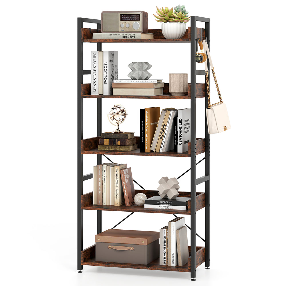 5-tier rustic brown bookshelf showcasing open storage and removable hooks, ideal for study or bedroom organization.