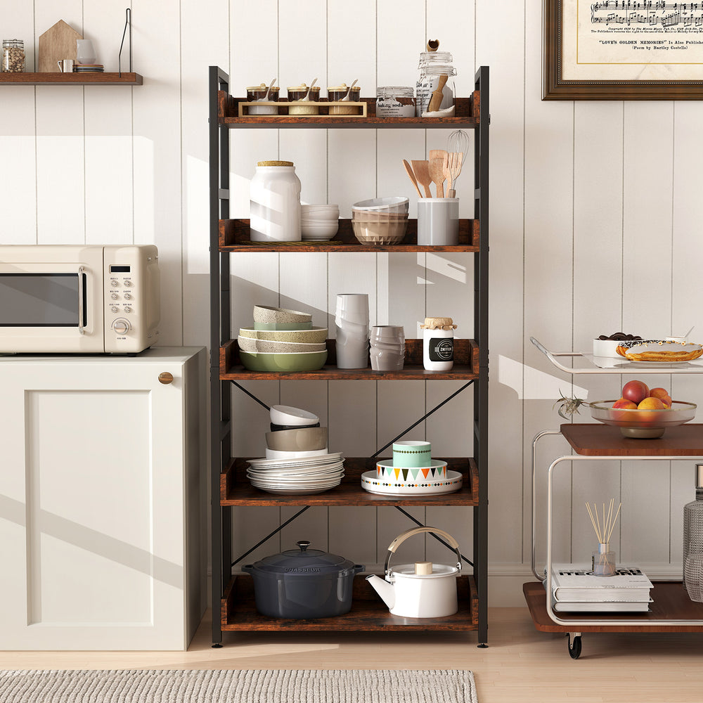 5-tier industrial bookshelf in rustic brown with 4 hooks, perfect for open storage in living room or kitchen.