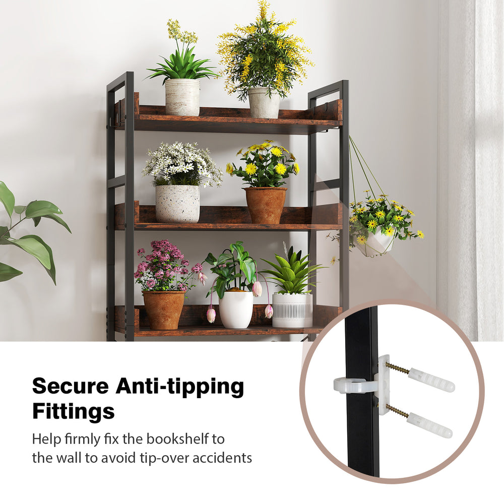5-tier industrial bookshelf in rustic brown with anti-tipping fittings, perfect for stable storage in any room.