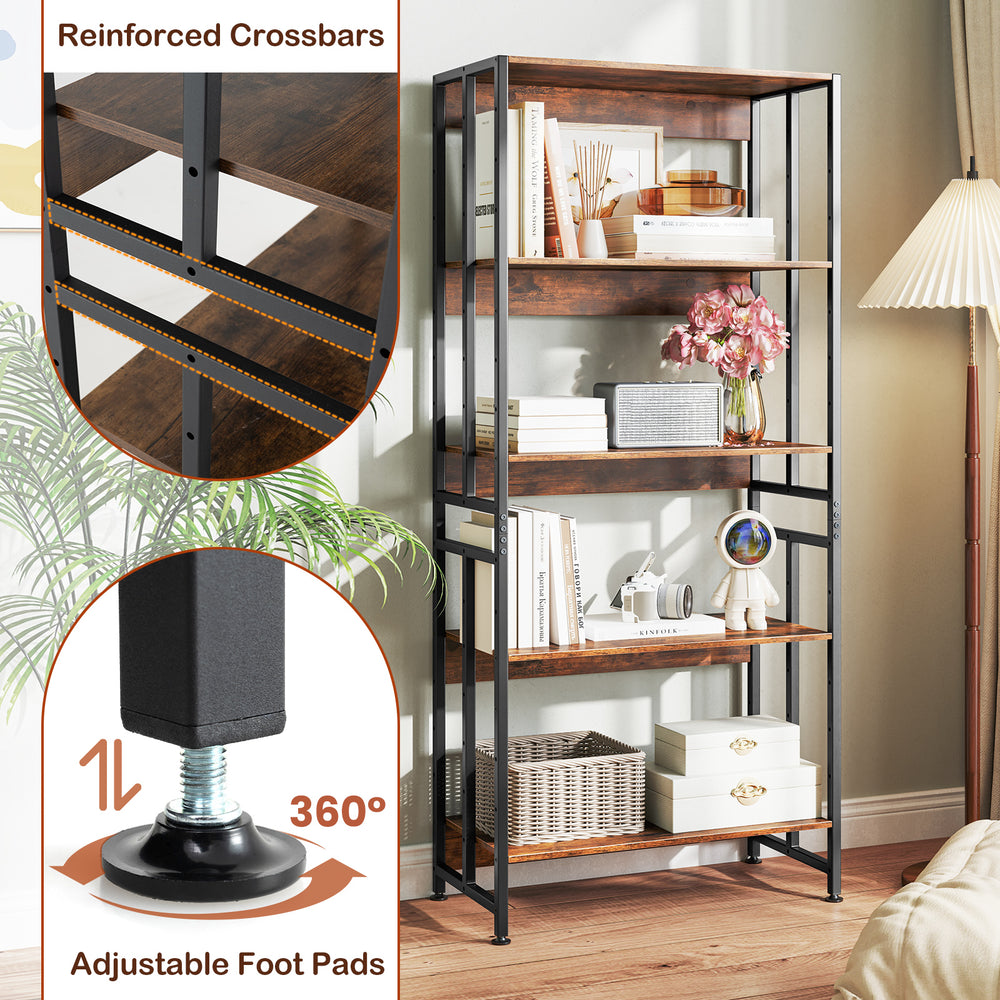 5-tier rustic brown bookshelf with adjustable shelves and reinforced crossbars, perfect for living room or office use.