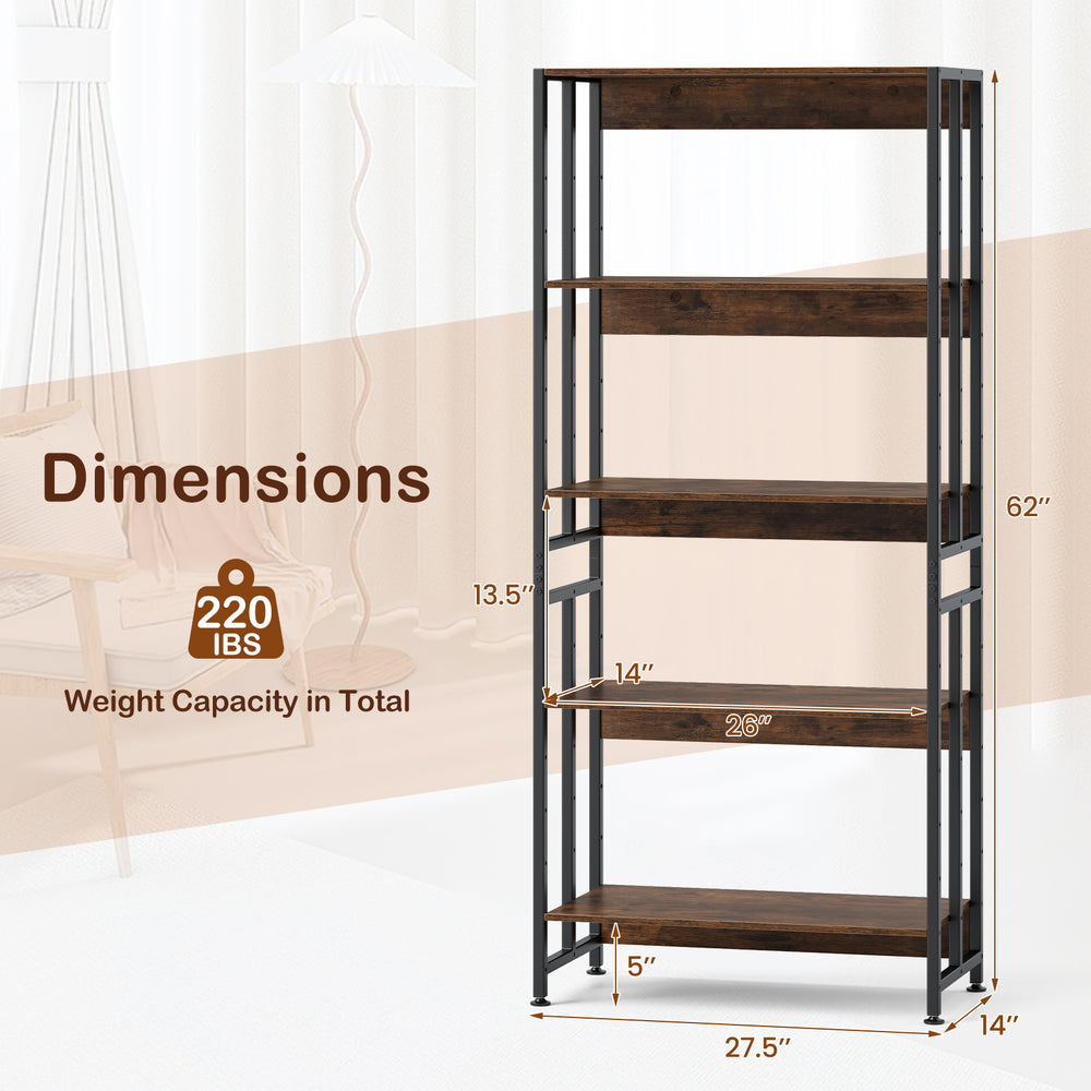 5-tier rustic brown bookshelf with adjustable and tiltable shelves, 62" tall, ideal for living room or office use.