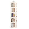5-tier foldable rotating bookshelf in white with translucent panels, designed for easy access and space-saving storage.