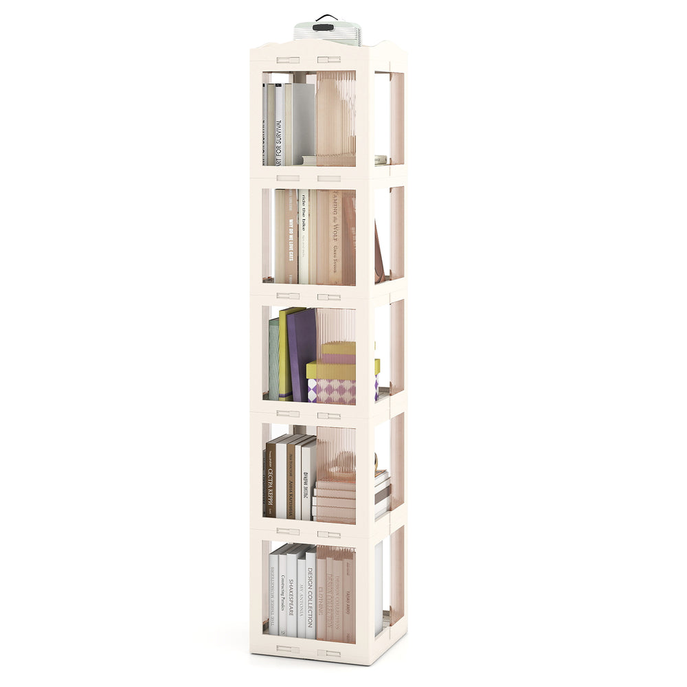 5-tier foldable rotating bookshelf in white with translucent panels, designed for easy access and space-saving storage.