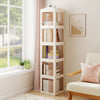 5-tier foldable rotating bookshelf in white with translucent panels, perfect for maximizing corner storage and easy.