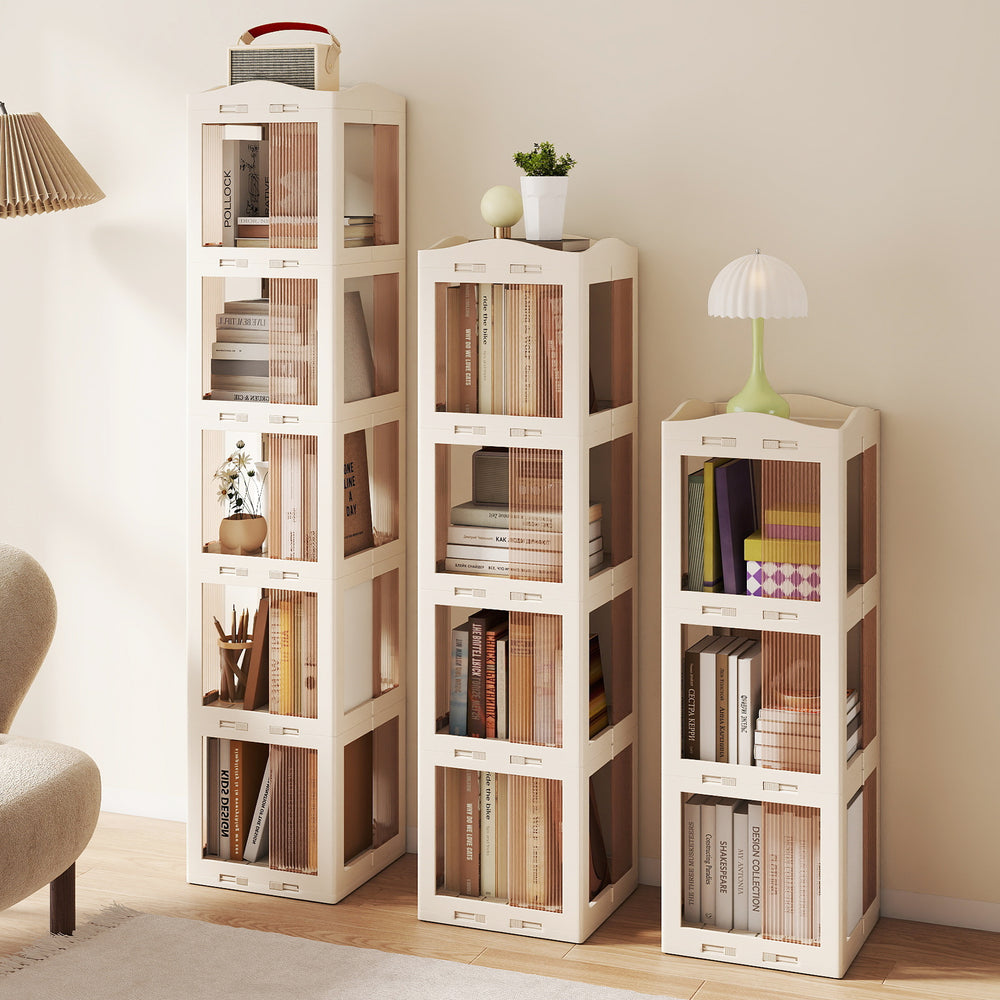 5-tier foldable rotating bookshelf in white with translucent panels, perfect for maximizing storage in small spaces.