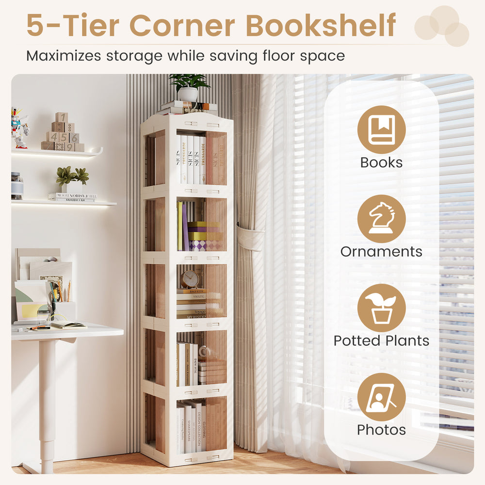 5-tier corner bookshelf in white with a 360° rotating design, perfect for maximizing storage in small spaces.