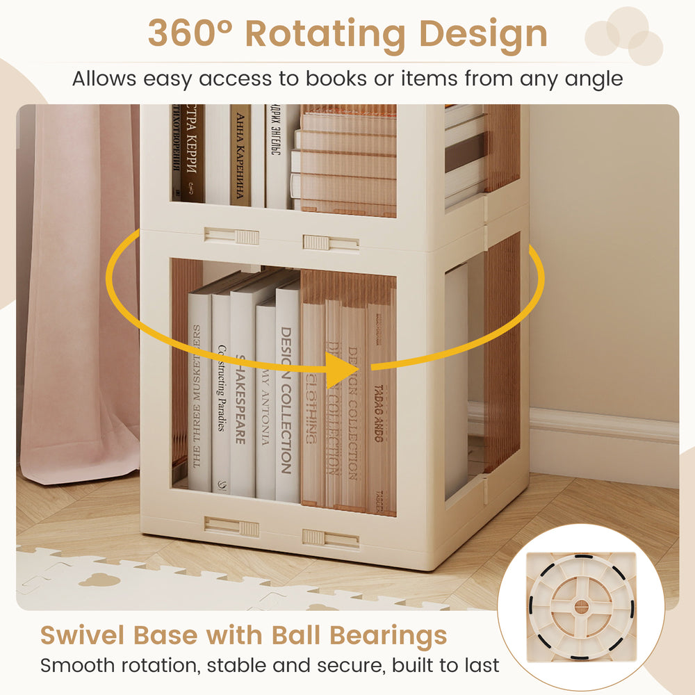 5-tier foldable rotating bookshelf in white with a 360° swivel base for easy access to books, ideal for corner spaces.