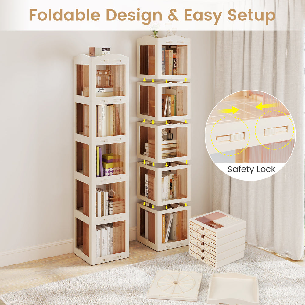 5-tier foldable rotating bookshelf in white with swivel base, designed for easy access and space-saving storage.