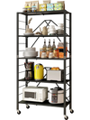 5-tier foldable storage shelf in black with wheels, featuring adjustable shelves for versatile organization in any room.