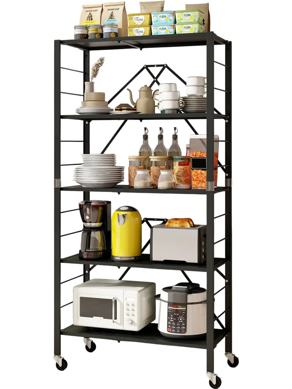 5-tier foldable storage shelf in black with wheels, featuring adjustable shelves for versatile organization in any room.