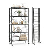 5-tier foldable storage shelf with wheels in black, featuring adjustable shelves and sturdy metal frame for versatile.