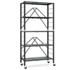 5-tier foldable storage shelf in black with wheels, featuring adjustable shelves for versatile storage solutions.