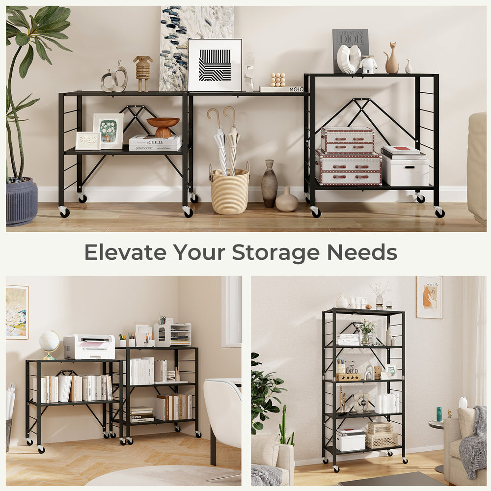 5-tier foldable storage shelf with wheels in black, featuring adjustable shelves and smooth rolling casters for.