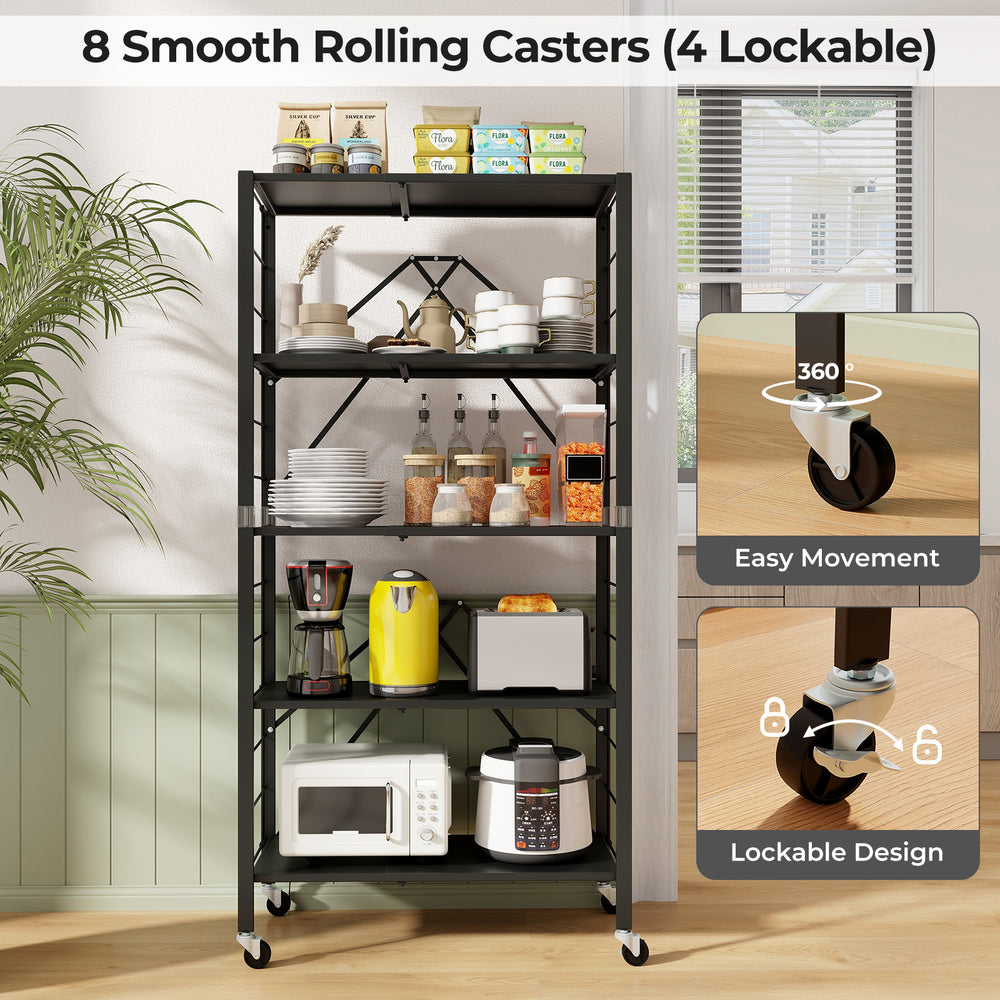 5-tier foldable storage shelf with black metal frame and 8 smooth rolling casters, ideal for kitchen or living room use.