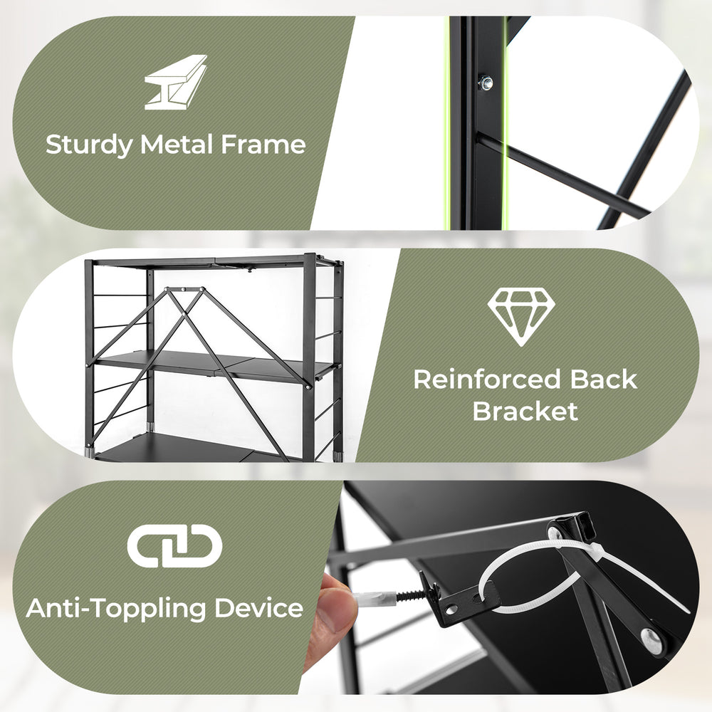 5-tier foldable storage shelf with wheels in black, featuring a sturdy metal frame and reinforced back bracket for.