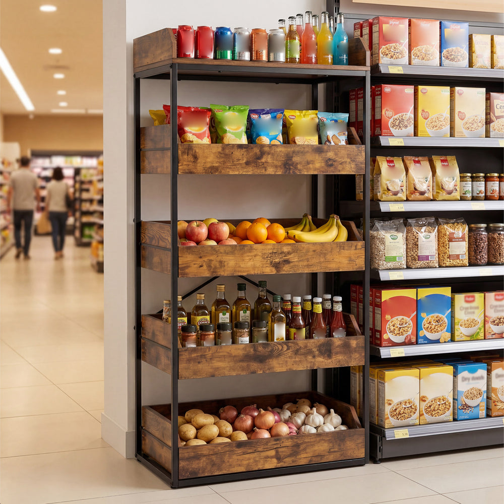 5-tier food storage rack in rustic brown features open drawers and a sturdy metal frame, ideal for kitchens or retail spaces.
