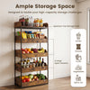 5-tier food storage rack in rustic brown with 4 pull-out drawers and a strong metal frame for versatile organization.