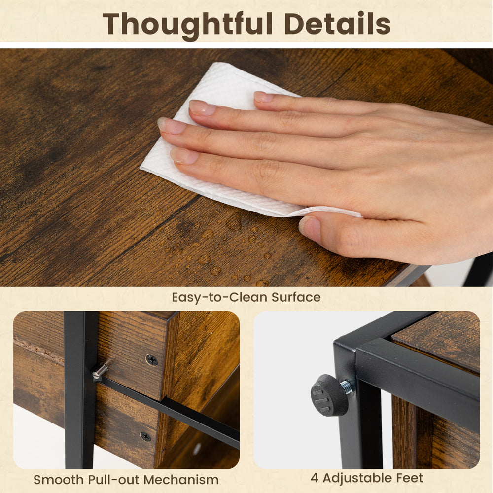 Close-up of the 5-tier food storage rack's easy-to-clean surface and smooth pull-out drawer mechanism in rustic brown.