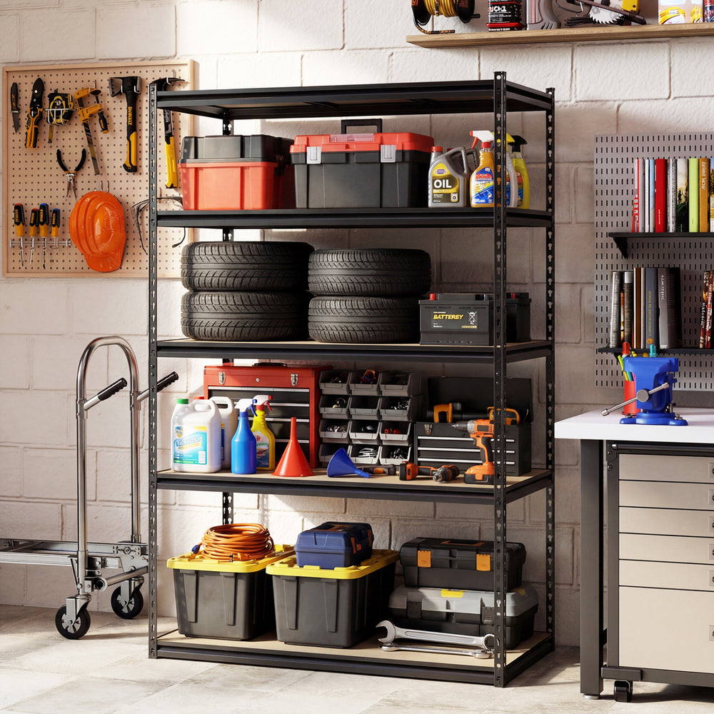 5-tier garage shelving unit with heavy-duty metal frame, adjustable shelves, and various storage bins for organization.