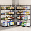 5-tier heavy-duty garage shelving unit with adjustable shelves, holding various items for pantry or garage organization.
