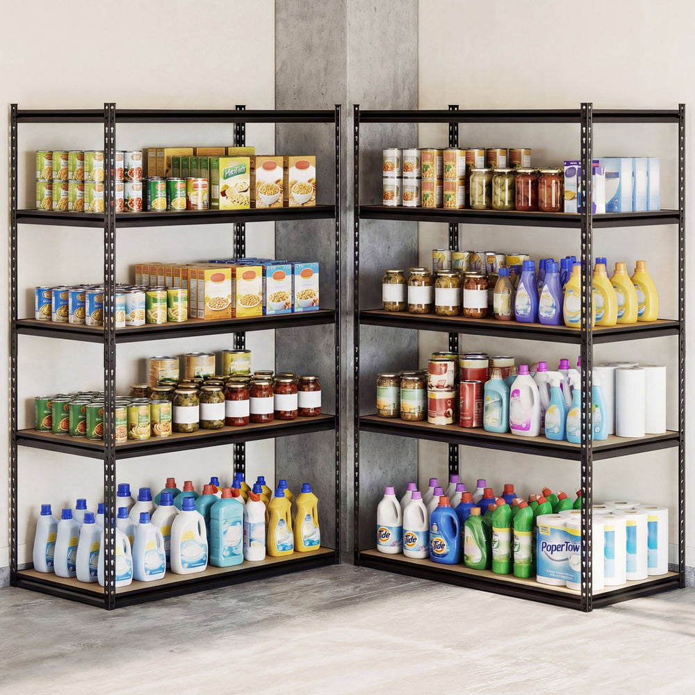 5-tier heavy-duty garage shelving unit with adjustable shelves, holding various items for pantry or garage organization.