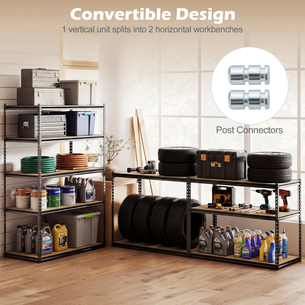 5-tier garage shelving unit with adjustable shelves, heavy-duty metal frame, and convertible design for versatile.