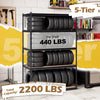 5-tier garage shelving unit with heavy-duty design, holding 440 lbs per shelf, ideal for organizing tires and tools.