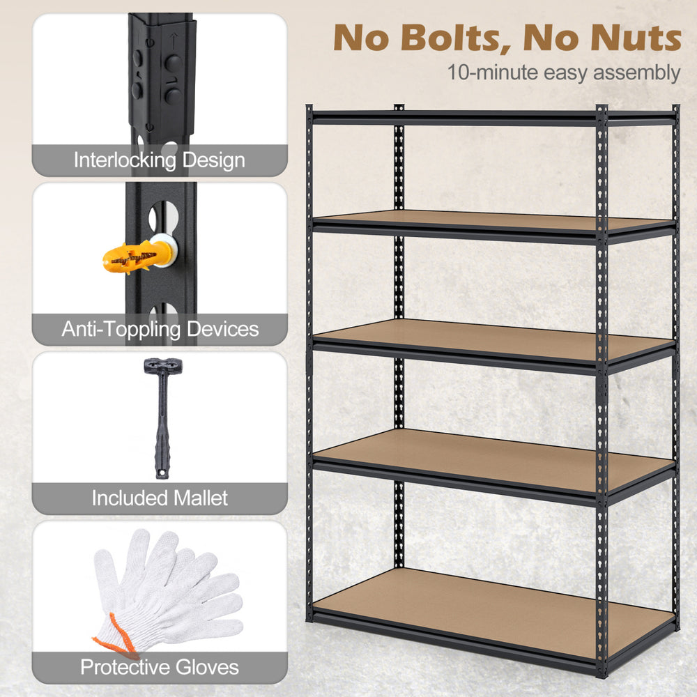 5-tier garage shelving unit with adjustable shelves, heavy-duty metal frame, and easy 10-minute assembly for versatile.
