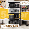 5-tier garage shelving unit with adjustable shelves, holding up to 2200 lbs total, ideal for garage and storage use.