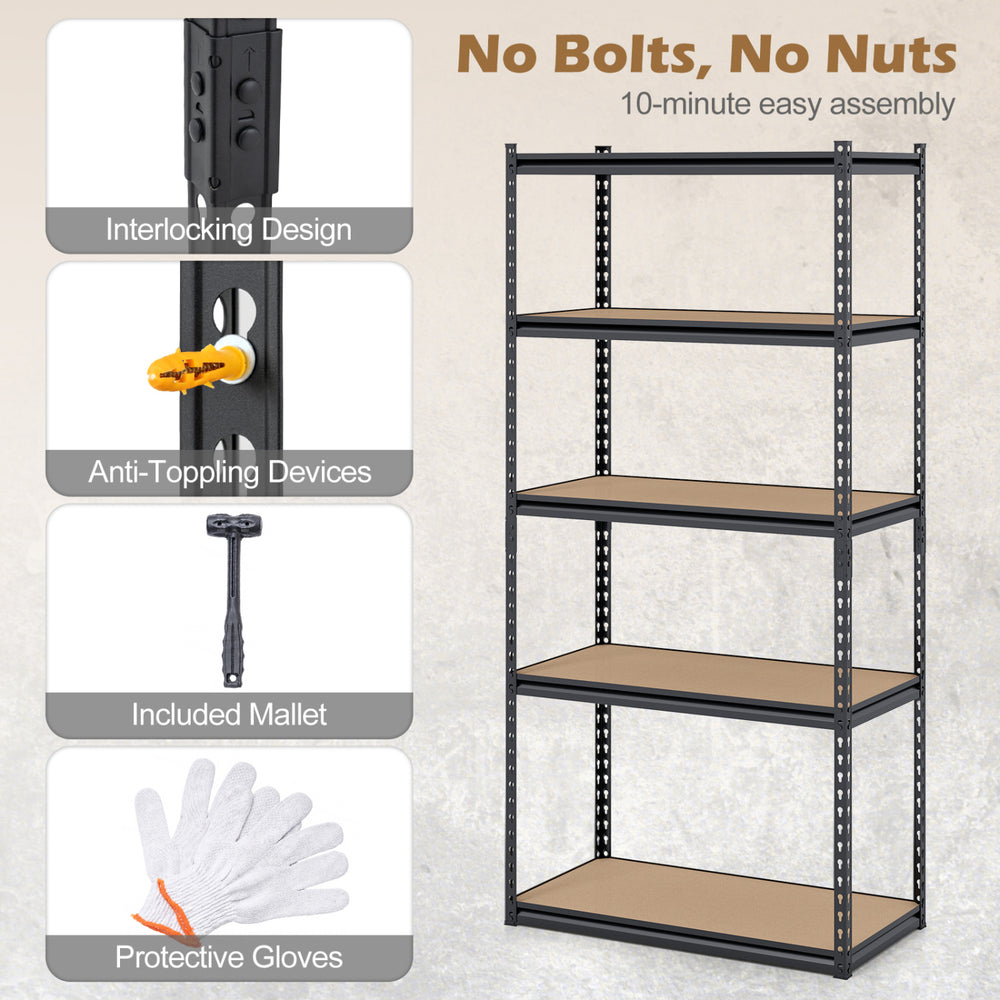 5-tier garage shelving unit with adjustable shelves, sturdy metal frame, and easy 10-minute assembly for versatile.