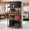 5-tier garage shelving unit with adjustable metal shelves, holding tools and tires, ideal for garage organization.