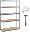 5-tier garage shelving unit with adjustable MDF shelves, metal frame, and included mallet and gloves for easy assembly.