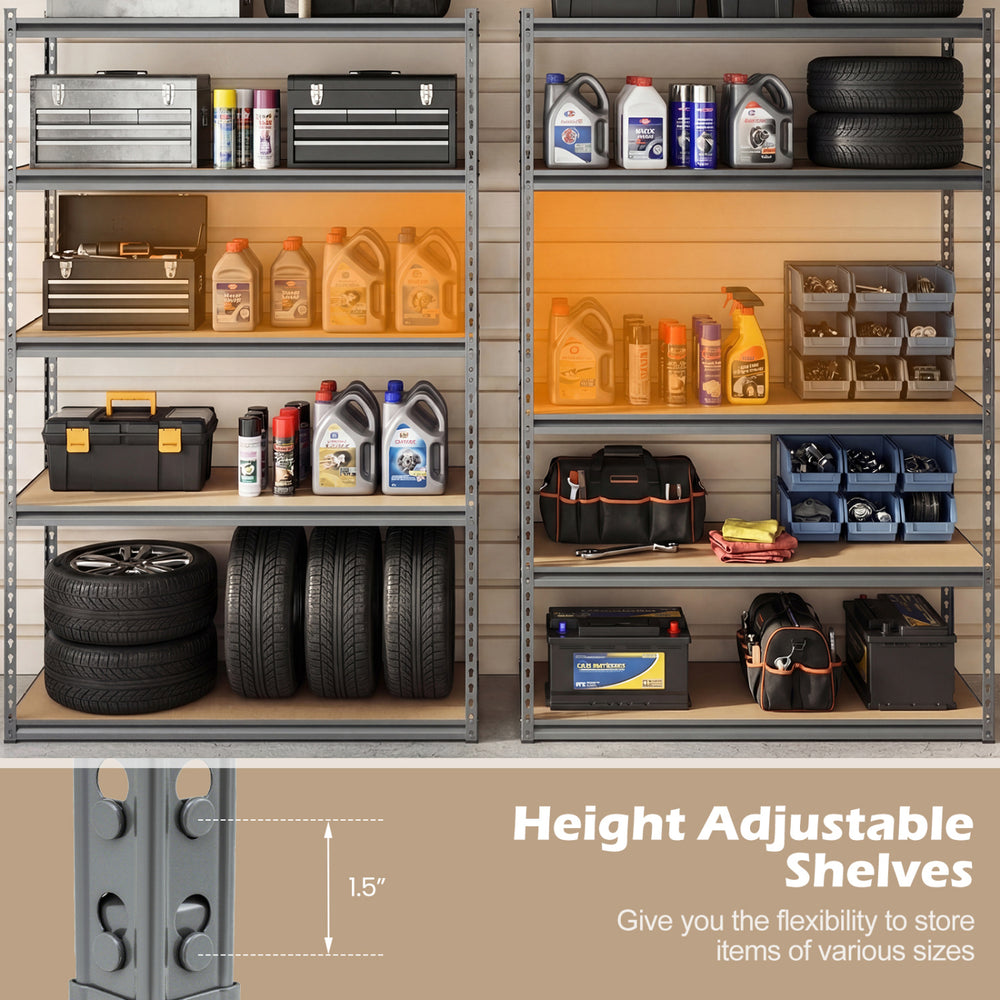 5-tier garage shelving unit with height-adjustable shelves, sturdy metal frame, and durable MDF boards for versatile.