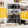 5-tier garage shelving unit with adjustable shelves, holding up to 2200 lbs total, ideal for storage in various spaces.
