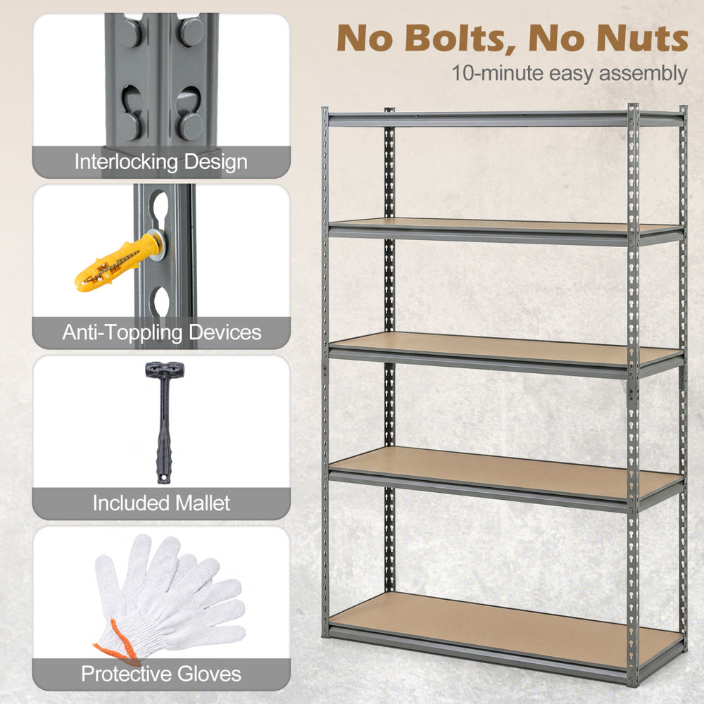 5-tier garage shelving unit with adjustable shelves, holding 2200 lbs total, featuring an interlocking design for easy.