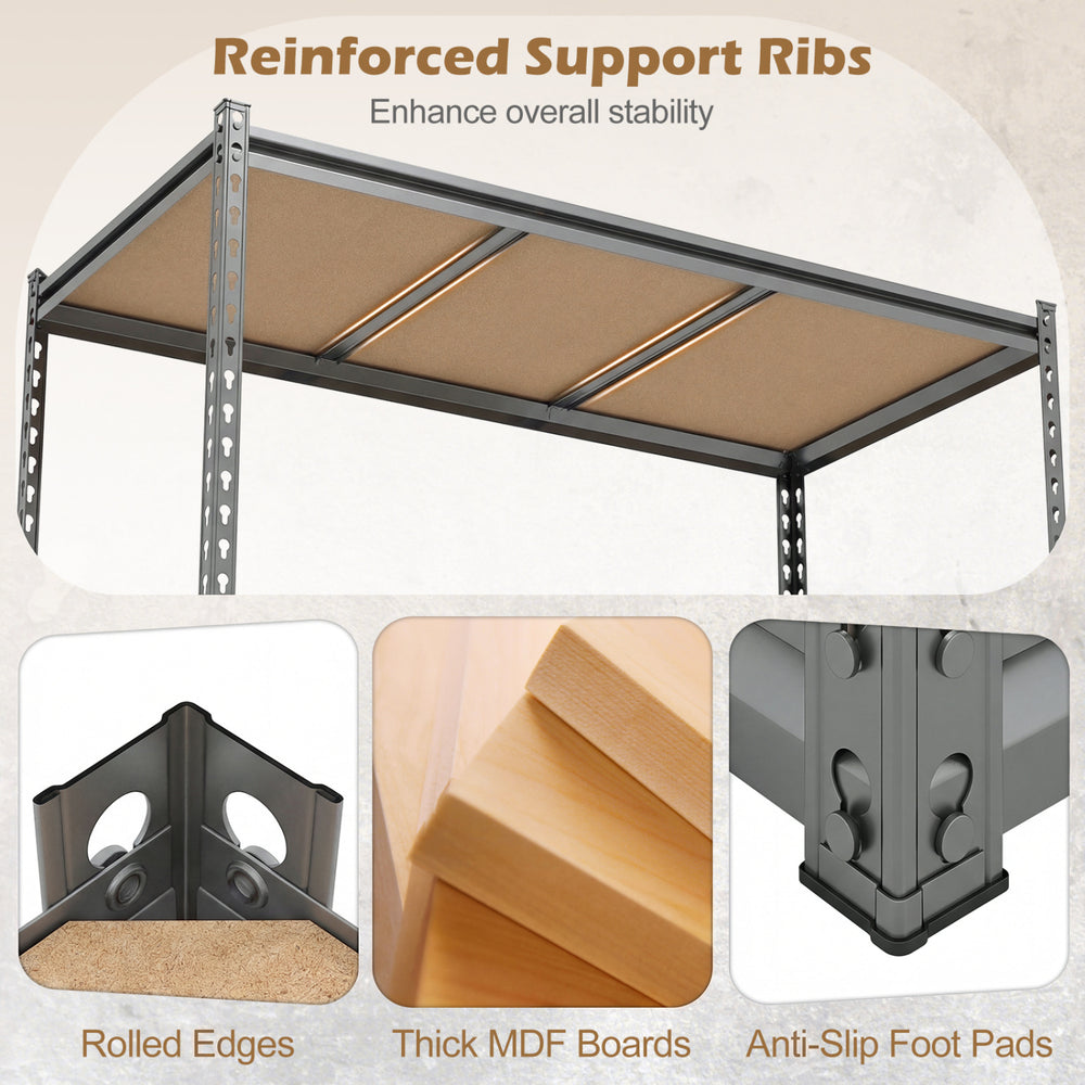 5-tier garage shelving unit with adjustable shelves, reinforced support ribs, and non-slip foot pads for stability.