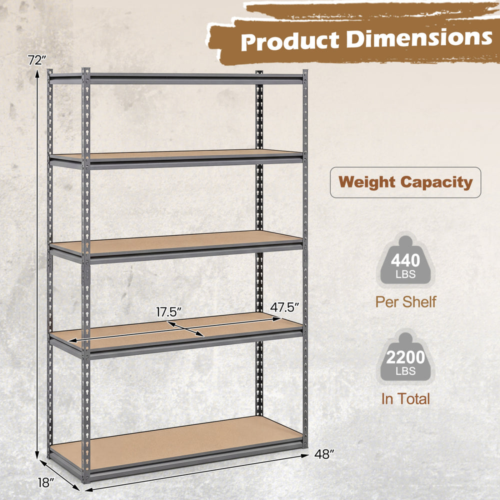 5-tier garage shelving unit with adjustable shelves, metal frame, and 2200 lbs total capacity for versatile storage.