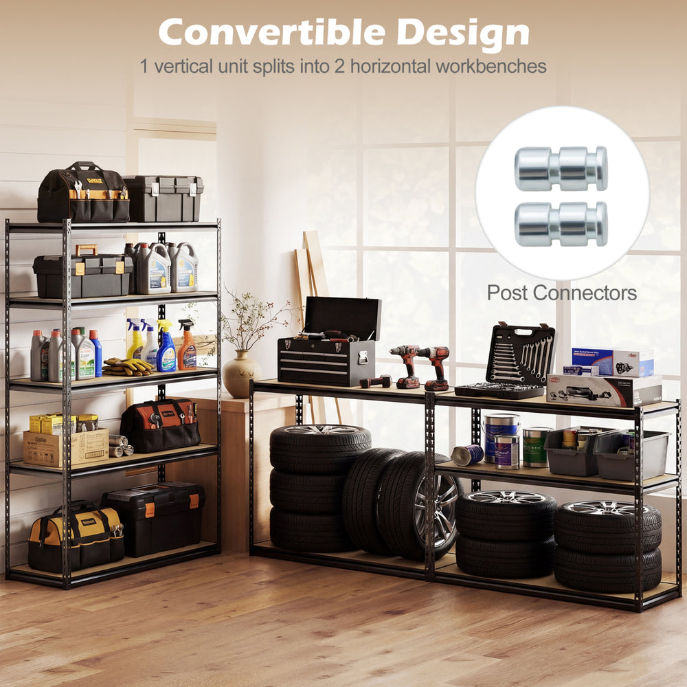 5-tier garage shelving unit with convertible design, featuring adjustable shelves and durable MDF boards for versatile.