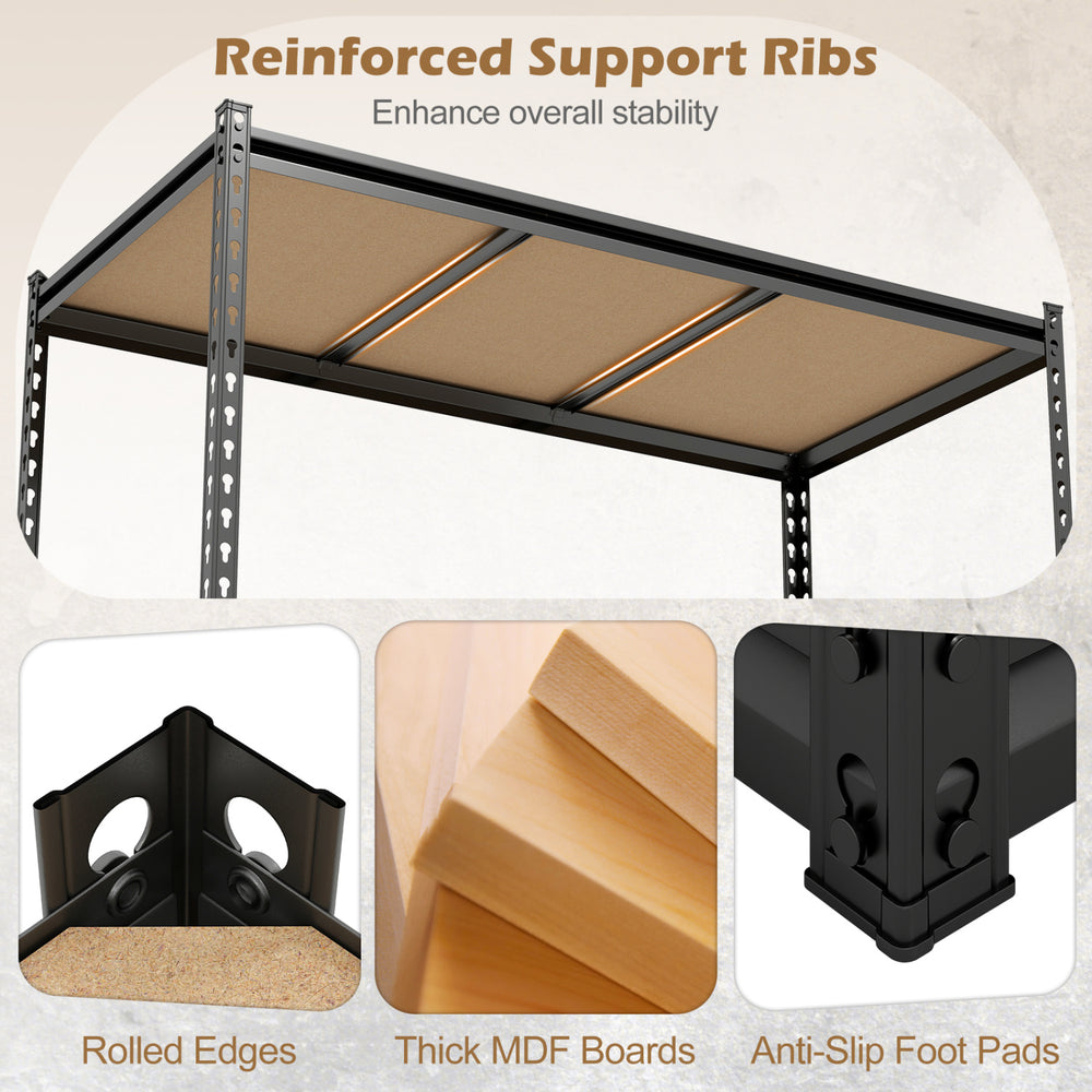 5-tier garage shelving unit with thick MDF boards, anti-slip foot pads, and reinforced support ribs for stability.