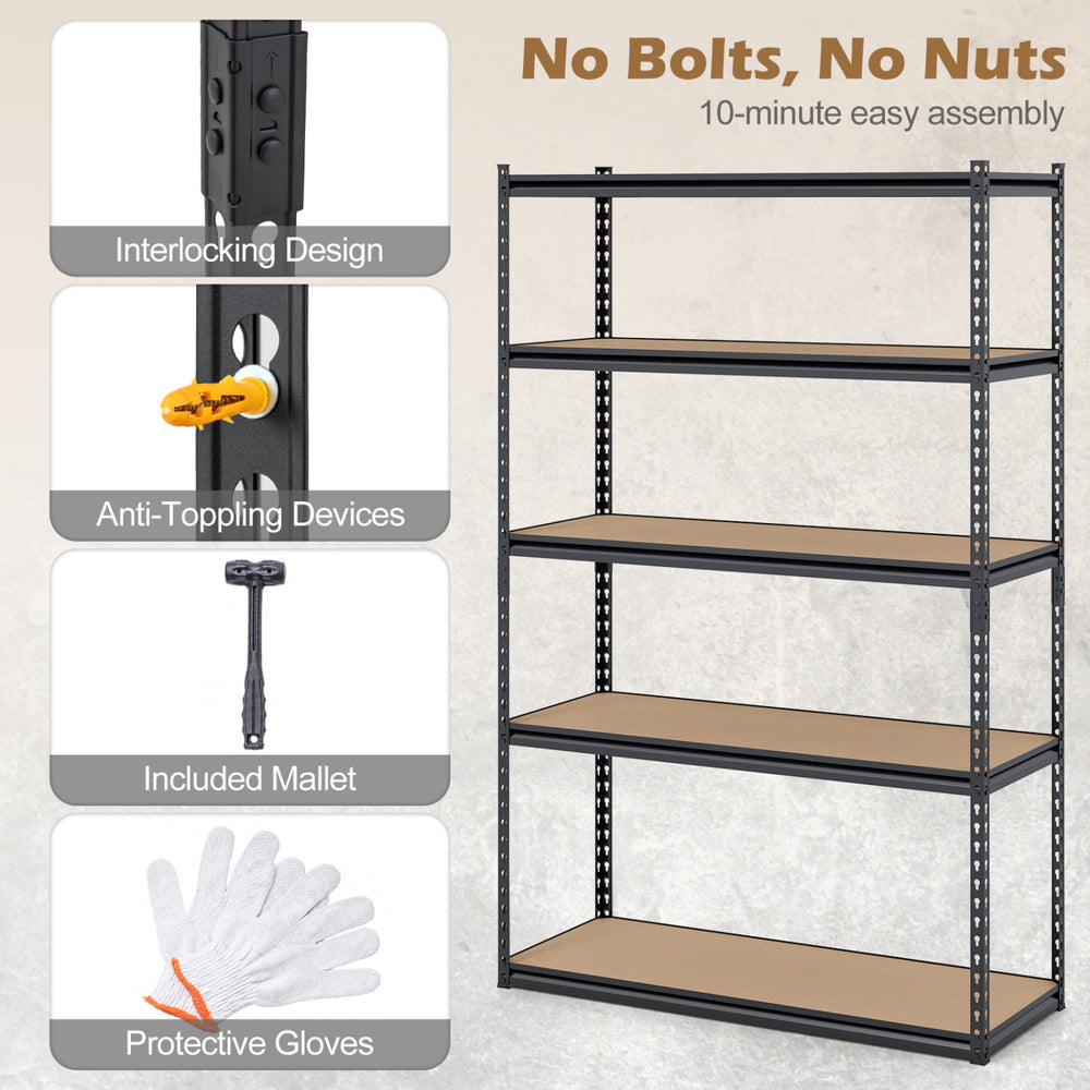 5-tier garage shelving unit with interlocking design, holds 440 lbs per shelf, ideal for basement and warehouse storage.